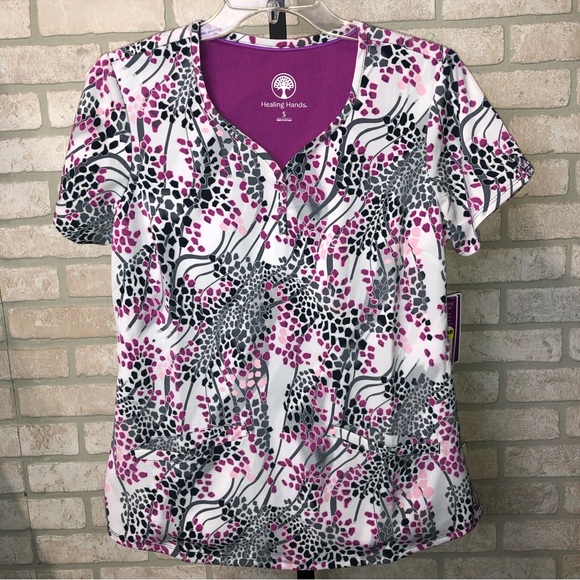 healing hands Tops - Healing Hands Purple Label Two Button Jewel Neck purple patterned scrub top
